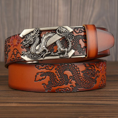 Male Genuine Leather Belts Casual Ratchet Belt with Automatic Buckle Luxury Design Dragon Pattern Belts for Business Men Strap