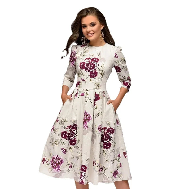 Retro Floral Print A- Line Dress Midi Length Three-Quarter Sleeve round Neck Party Dress Sweet Fresh Style Urban Fashion