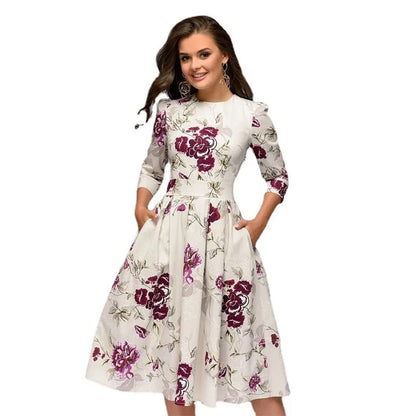 Retro Floral Print A- Line Dress Midi Length Three-Quarter Sleeve round Neck Party Dress Sweet Fresh Style Urban Fashion