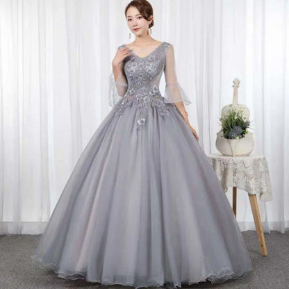 Wine long sweat half sleeve lady girl women princess bridesmaid banquet party ball prom dress gown