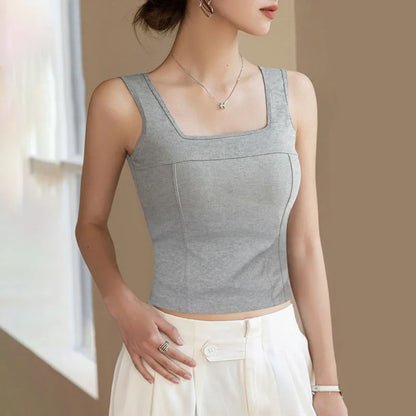 Simple Basic Skinny Vest Women Solid Color Square Neck Slim Crop Top Sleeveless Spicy Girl Style Camisole with Pads Girls