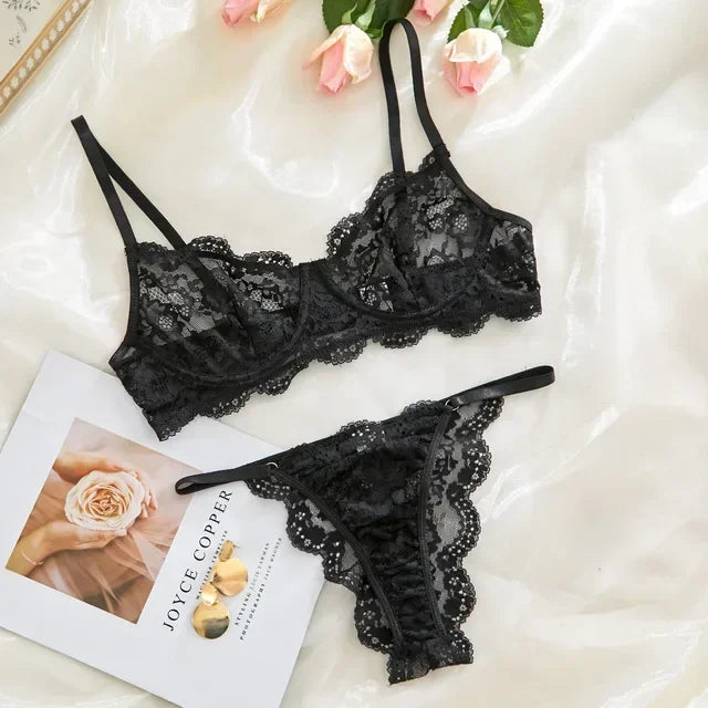 Sexy Strap Lace Perspective Fun Lingerie Set Women's Sweet Floral Lace Decor Bra and Panty Set Female French Style Intimates Set