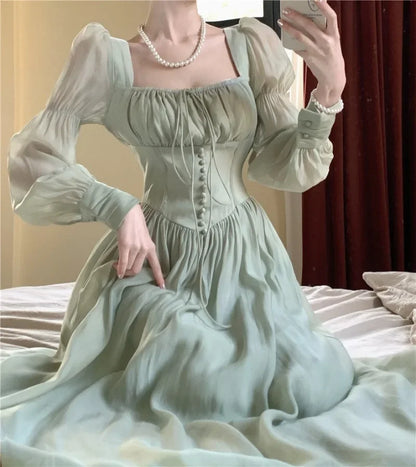 Elegant Princess Party Dress Women High Waist A-line Lace Up Autumn Spring French Vintage Prom Robe Fairy Vestidos Mujer Платье