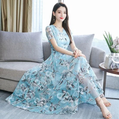 Summer Floral Dr V-Ne ort Sve Low Waist Ele Sle Ms F Casual Ciwalk Dr for Middle-Aged Women