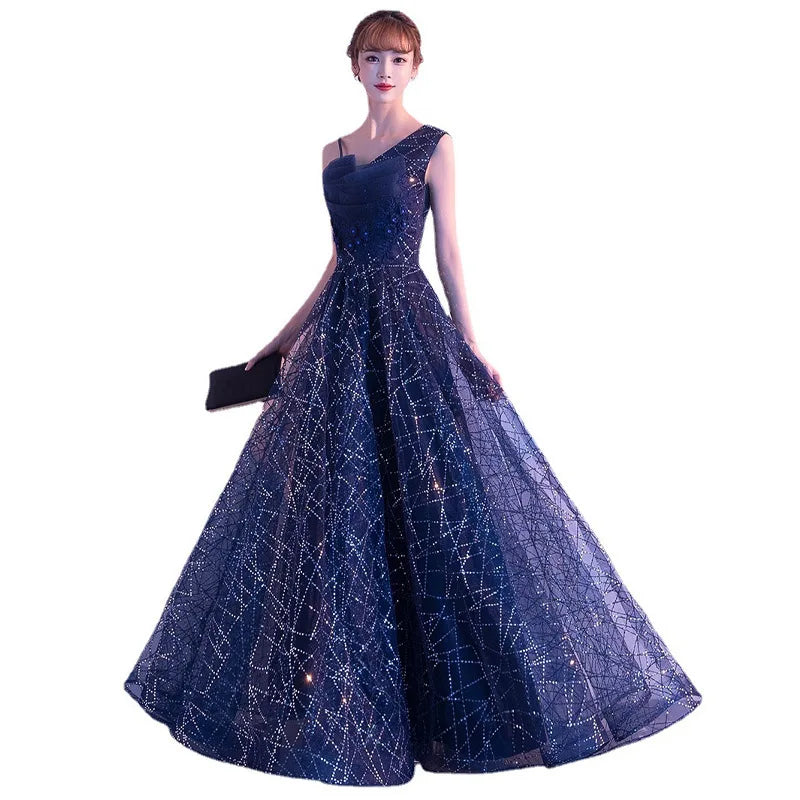 Ele Blue adient Starry  Evening Gown Women's Faion ow Host Ball Dr Autumn New Arrival Chinese Production
