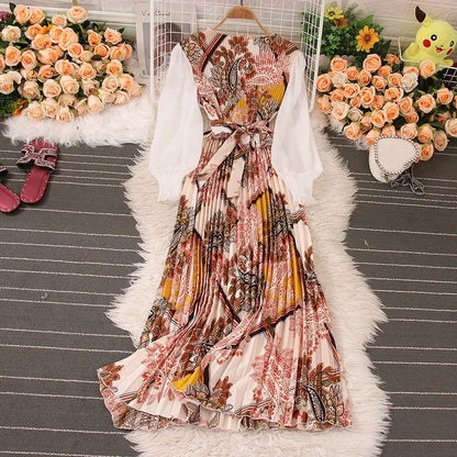 Sweet Style Long Dresse For Women Print Patchwork Pleated Long-sleeve High Waist Dresses Spring Summer New