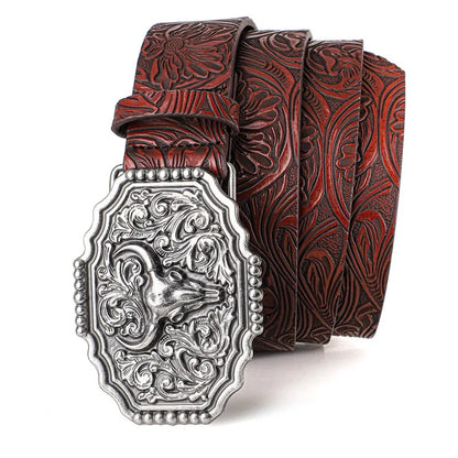 Western Cowboy Style Vintage Casual Belts - Ox Head Carved Buckle & Bohemian Print, Perfect For Daily Commute & Dating Outfits