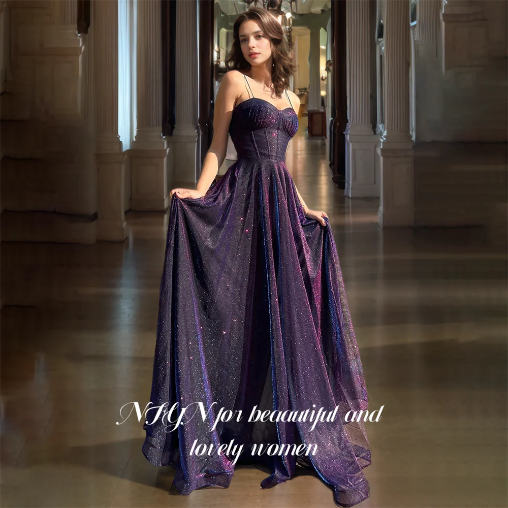 NFYN Purple A-LINE Formal Prom Gown Sequin Sweetheart Women's Evening Dresses Spaghetti Strap Pleat Celebrity Dresses Customized