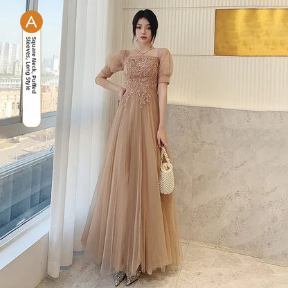 Champagne Color Maids Dr Long Sve Women's Sle Summer New Faion Simple Ele Long Silhouette Sister's up Gown