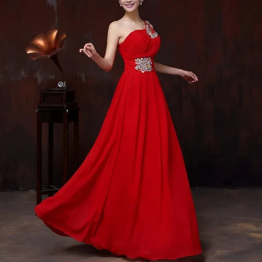 M108 Customized One Shoulder Chiffon Bridesmaid Dresses Bride Crystal Acrylic Diamond Jewelry Sexy Bespoke Occasion Dress Long
