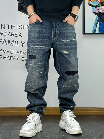 American High Quality Patch Ripped Jeans For Men Korean Fashion Denim Cargo Pants Streetwear Hip Hop Skateboard Trousers Male
