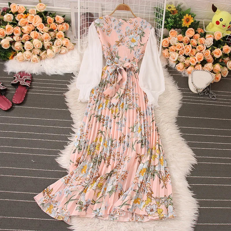 Sweet Style Long Dresse For Women Print Patchwork Pleated Long-sleeve High Waist Dresses Spring Summer New