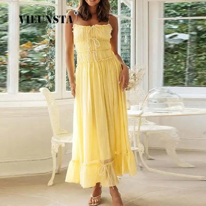 Elegant Sleeveless A Line Party Women Solid Pleated Maxi Romantic Dresses Summer Lady Spaghetti Strap Patchwork Bow Dress