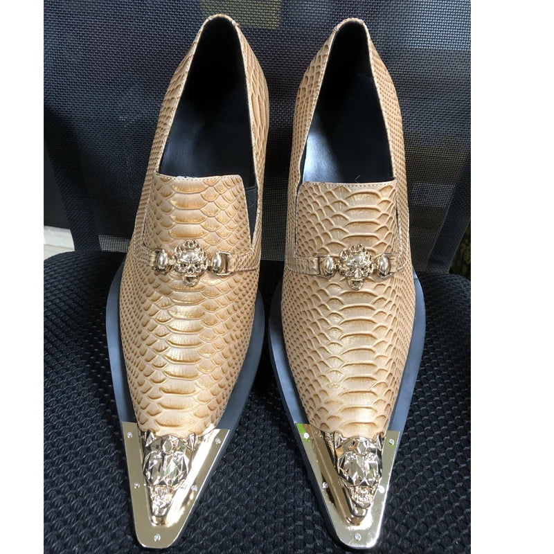 brown business dress men's shoes black snake embossed Genuine leather shoes dragon head pointed party Trend wedding shoes