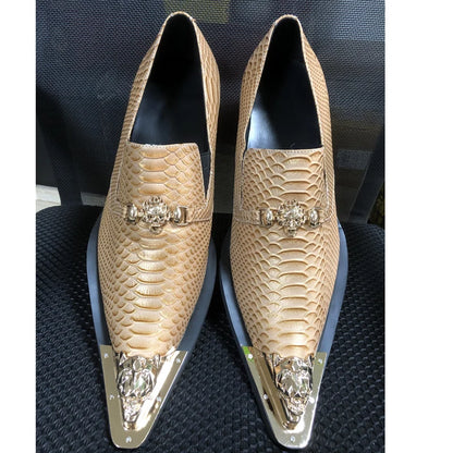brown business dress men's shoes black snake embossed Genuine leather shoes dragon head pointed party Trend wedding shoes