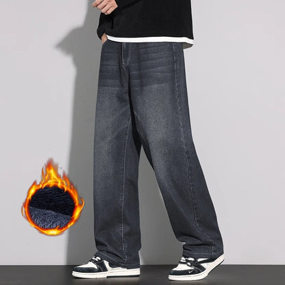 Fleece Jeans Men's Winter Fashion Straight Loose Thick Fleece Trousers Casual Vintage Streetwear Male Warm Plush Denim Pants