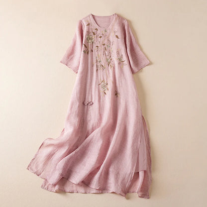 Summer New Hemp Dr Embroidered round Ne Five-Quarter Sve Fairy Beautiful Long Women's Dr New Chinese Sle