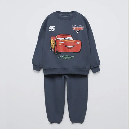 Boys Child Long-sleeved Tracksuits Cartoon Car Print Hoodies+Sweatpants Autumn Clothing Crewneck Tops Loose Pants Kids 2pcs