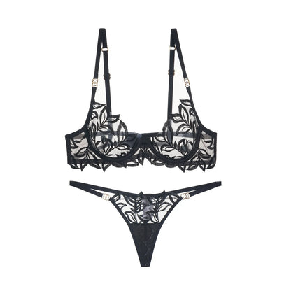 Lace Lingerie Bra & Brief Sets Women's Transparent Lace Bra Top Thin Cotton Sexy Embroidered Hollow Out T-back Soft Bra Set