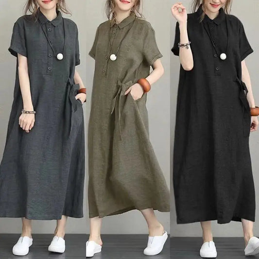 plus Size Cotton Linen Long Dr High Waist Slimming Women's Dr Summer 2023 A-Line irt Dr  Collar ort Sve