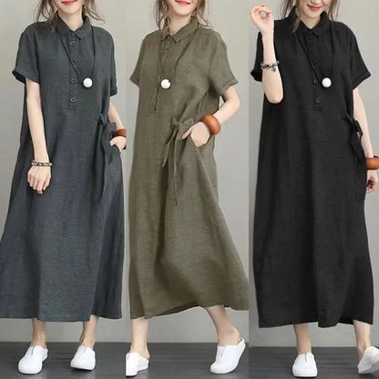 plus Size Cotton Linen Long Dr High Waist Slimming Women's Dr Summer 2023 A-Line irt Dr  Collar ort Sve