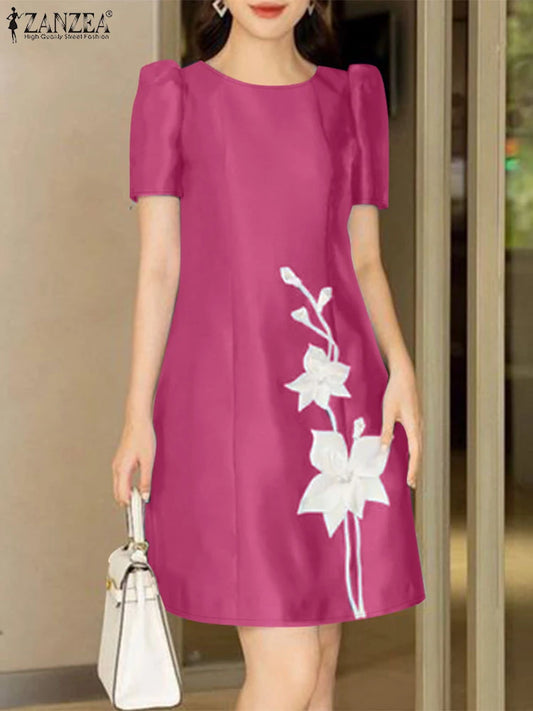 ZANZEA Korean Fashion Women A-line Robe Elegant Satin O Neck Short Sleeve Knee-length Dress Floral Printed Casual Party Vestidos