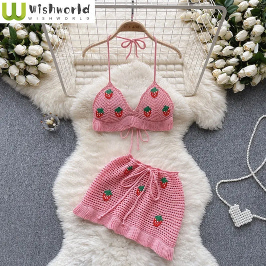 Seaside Vacation Style Hollow Hook Flower Knitted Suit Women's Sweet Hanging Neck Vest High Waist Mini Skirt Two-piece Set