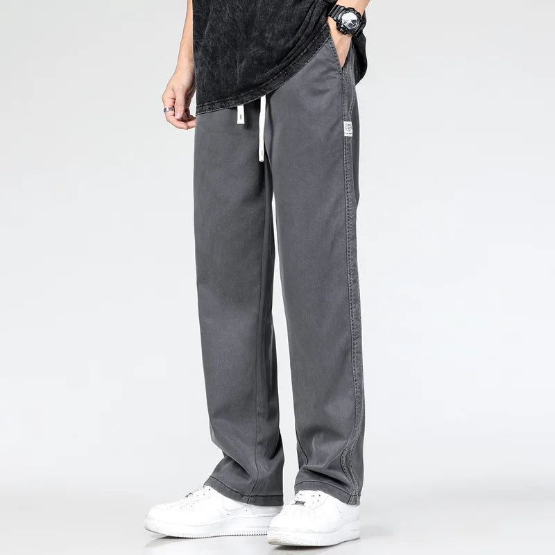 2025 Summer New Soft Lyocell Fabric Men's Jeans Thin Loose Straight Leg Pants Drawstring Elastic Waist Korean casual pants