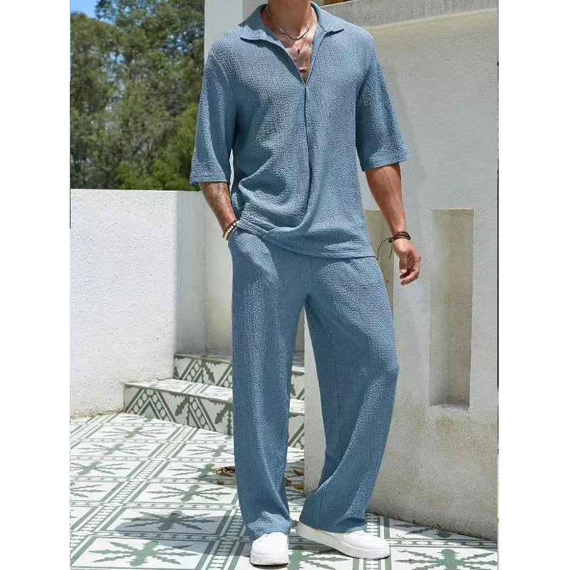 Men's Summer Fashion Loose Men Suit Solid Half Sleeved T-shirt And Pants Water Wave Wrinkles Two-piece Set For Male Outfits