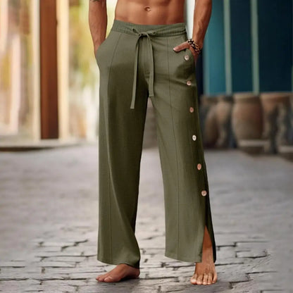 Men Casual Pants Loose Side Pockets Drawstring Elastic Waist Side Button Closure Quick-drying Beach Sweatpants Long Trousers