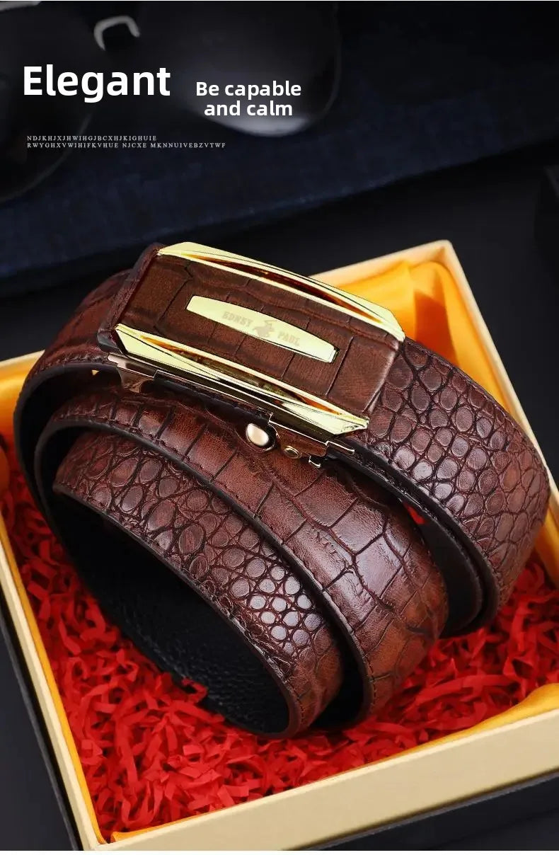 Genuine Leather Belt for Men Automatic Buckle Crocodile Pattern Calfskin Business Fashion Mid-aged And Young Waist Belt
