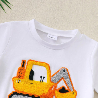 Baby Boys Summer Short Sleeve Outfit with Small Excavator Pattern Infant Toddler Clothing Set