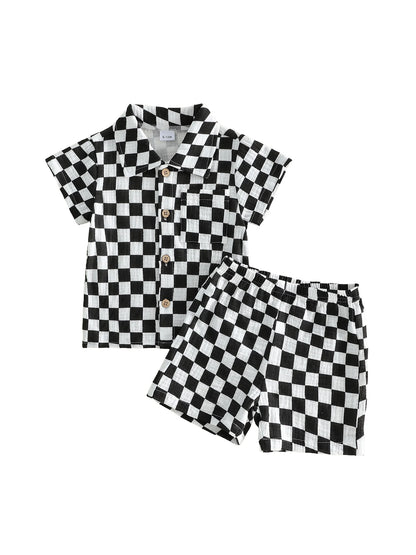 Toddler Baby Boys Summer Outfit Fashionable Plaid Short Sleeve Lapel Shirt with Shorts 2Pcs Set