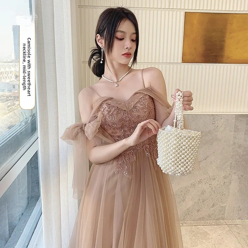 Champagne Color Maids Dr Long Sve Women's Sle Summer New Faion Simple Ele Long Silhouette Sister's up Gown