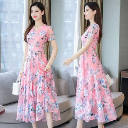 Summer Floral Dr V-Ne ort Sve Low Waist Ele Sle Ms F Casual Ciwalk Dr for Middle-Aged Women