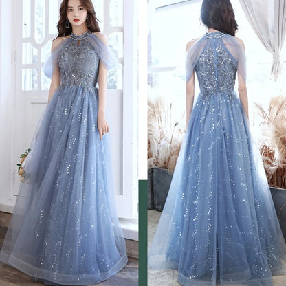 French Halter Off Shoulder Sequined Sparking Long Formal Evening Gown Blue