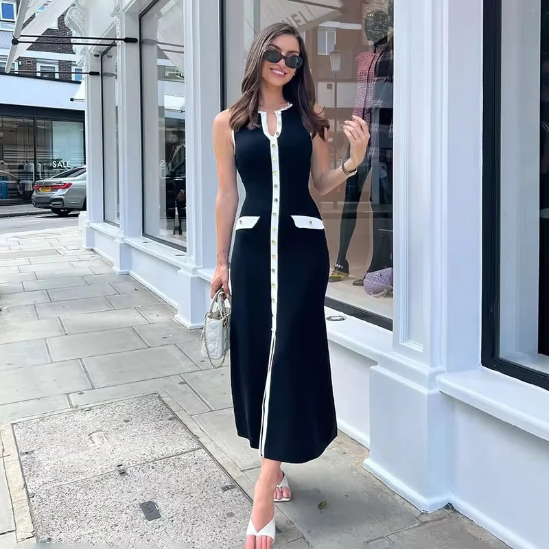 Elegant Sleeveless Single-breasted Ribbed Sweaters Long Dress for Women High Waist Bodycon Knitted Fake Pocket Dress New