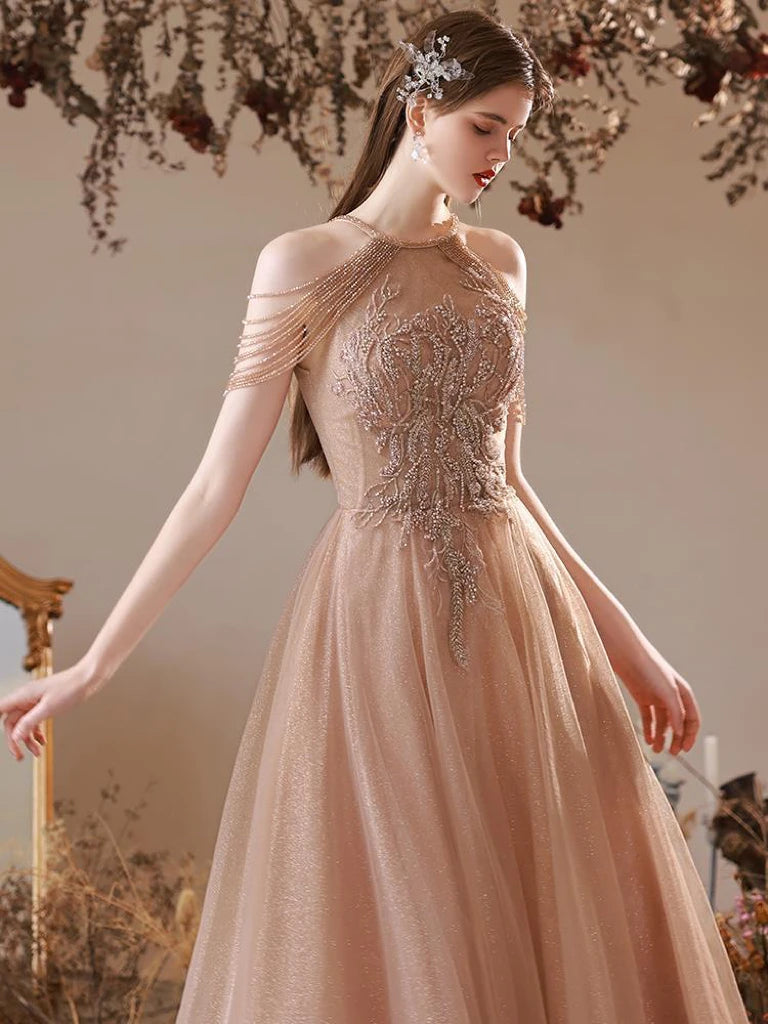 Elegant Champagne Gold Appliques Sleeveless Beaded Tassel Lace-Up A-Line Long Maxi Evening Gown Celebrity Wedding Party Dress