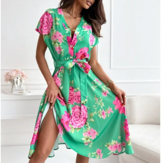 Summer New Women's Loose Slimming Midi Dr ort Sve Ele Lady Sle Floral Print Gown with  Knot
