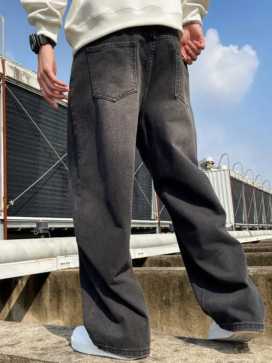 1Pc Men's Daily Travel Casual American Street Loose Jeans, Black, Light Blue, Sea Blue Fashion Street Style Retro Lantern Jeans Jeans Denim Pants