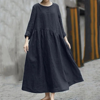 Women Cotton Linen Asymmetrical Loose Long Dress Autumn O-neck Long Sleeve Pocket Baggy Party Dresses JYFS-HS6144