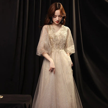 Champagne Color Evening Gown Women's 2026 New Banquet Host Luxury Small ence High-end Birthday Adult Ceremony Princ Skirt