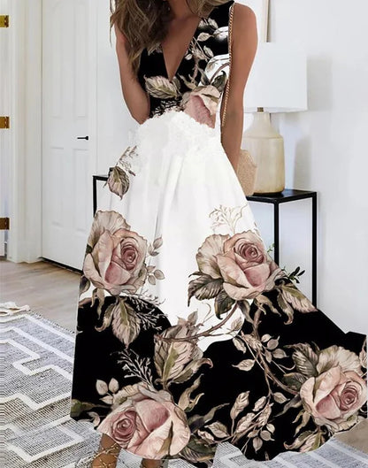 Summer Women Dress Fashion Sexy V-Neck Sleeveless Higt Waist Long Dresses Elegant Office Printing Holiday Party Dress Vestidos