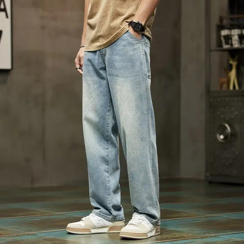 American Vintage Hip Hop High Street Summer Jeans Men's Solid Button Zipper Pockets Fashion Casual Loose Cowboy Straight Pants