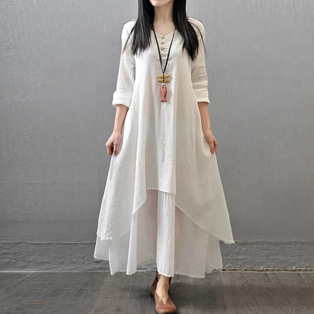 Loose Long Sve Cotton Linen Skirt Women's Artistic Sle Loose Fit Maxi Skirt Summer Casual V-ne A-line Dr