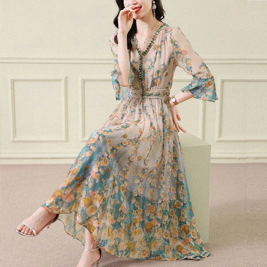 High End Silk Chiffon Dress 2025 Summer Loose Temperament Socialite French Waist Cinched Floral Seven Quarter Sleeve Long Skirt