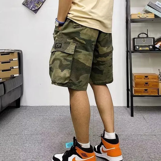 2024 Summer Men's Trendy Vintage Camouflage Print Outdoor Cargo Short Pants Male Casual Streetwear Pockets Loose Straight Shorts