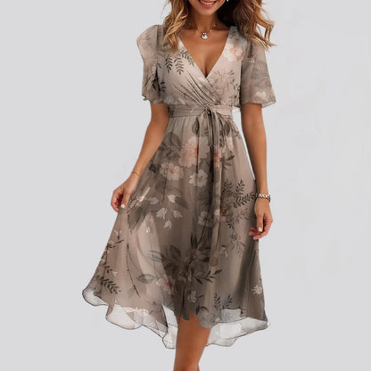 Women Summer Thin Dress Daily Casual Fashion Wrinkles V-Neck Waist Cinching A-Line Zipper Dress Lightweight Comfy Vacation Dress