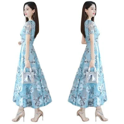 Summer Floral Dr V-Ne ort Sve Low Waist Ele Sle Ms F Casual Ciwalk Dr for Middle-Aged Women