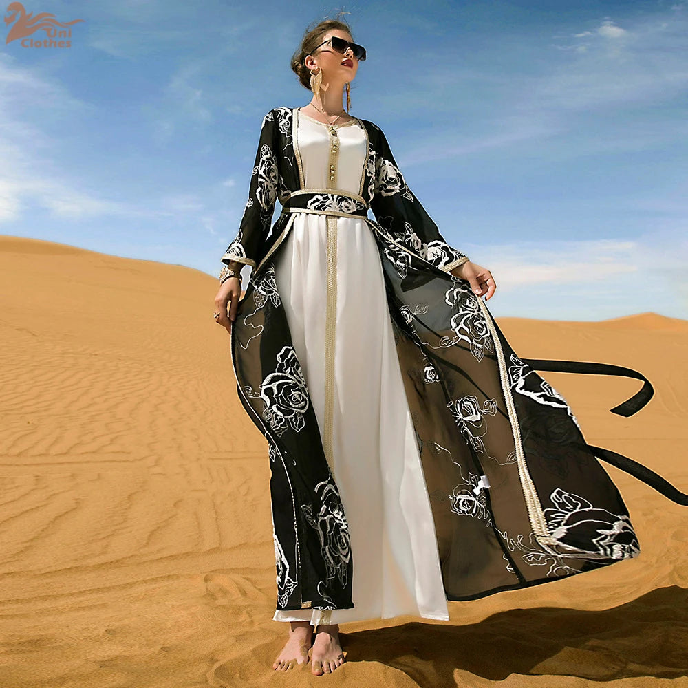 Ramadan Abaya Dubai Embroidery Formal Long Dress for Women 2 Piece Suit Arabic Kimono Suit Female Islam Dresses Caftan Marocain